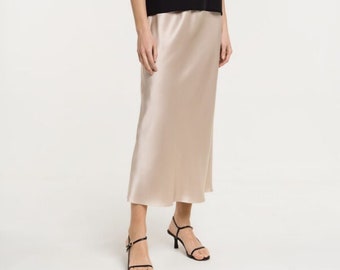 Pearl beige bias cut 100% silk satin long slip skirt