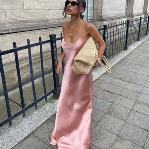 100% Silk satin gown Pink wedding dress Maxi formal birthday dress Long evening backless goddess dress Prom glam Elegant bridesmaid Art deco