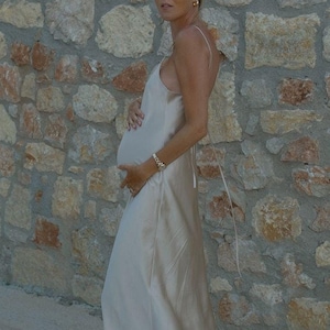 Maternity Pearl-Beige low back 100% SILK MAXI DRESS, Shoulder ties maternity gown, Elegant baby shower attire, Fashion pregnancy look