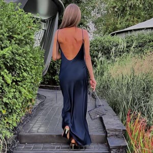 Dark Blue 100% silk bias cut maxi dress with extra low open back Long minimal silk slip dress Pure simple cami gown Wedding guest dress 90s