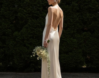 Cream 100% Silk Wedding Dress | Simple Backless Bridal Slip Gown | Deep V neck satin dress - premium mulberry silk satin / White or Creamy