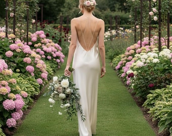 Elegant 100% Silk Wedding Dress | Minimalist Backless Slip Bridal Gown - premium mulberry silk satin / White or Creamy