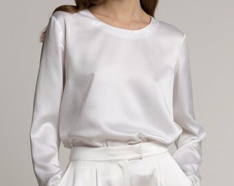 Mulberry 100% silk top White sandwashed silk satin blouse with long sleeves Summer silk shirt Natural silk top for woman 90s style / Chloe
