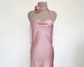 Blush pink silk slip dress mini with square neck - 100% silk satin