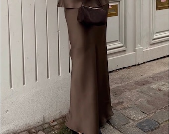 100% silk satin maxi slip skirt in mocha brown heavy mulberry silk - Bias cut / Lower waist / Straight silhouette