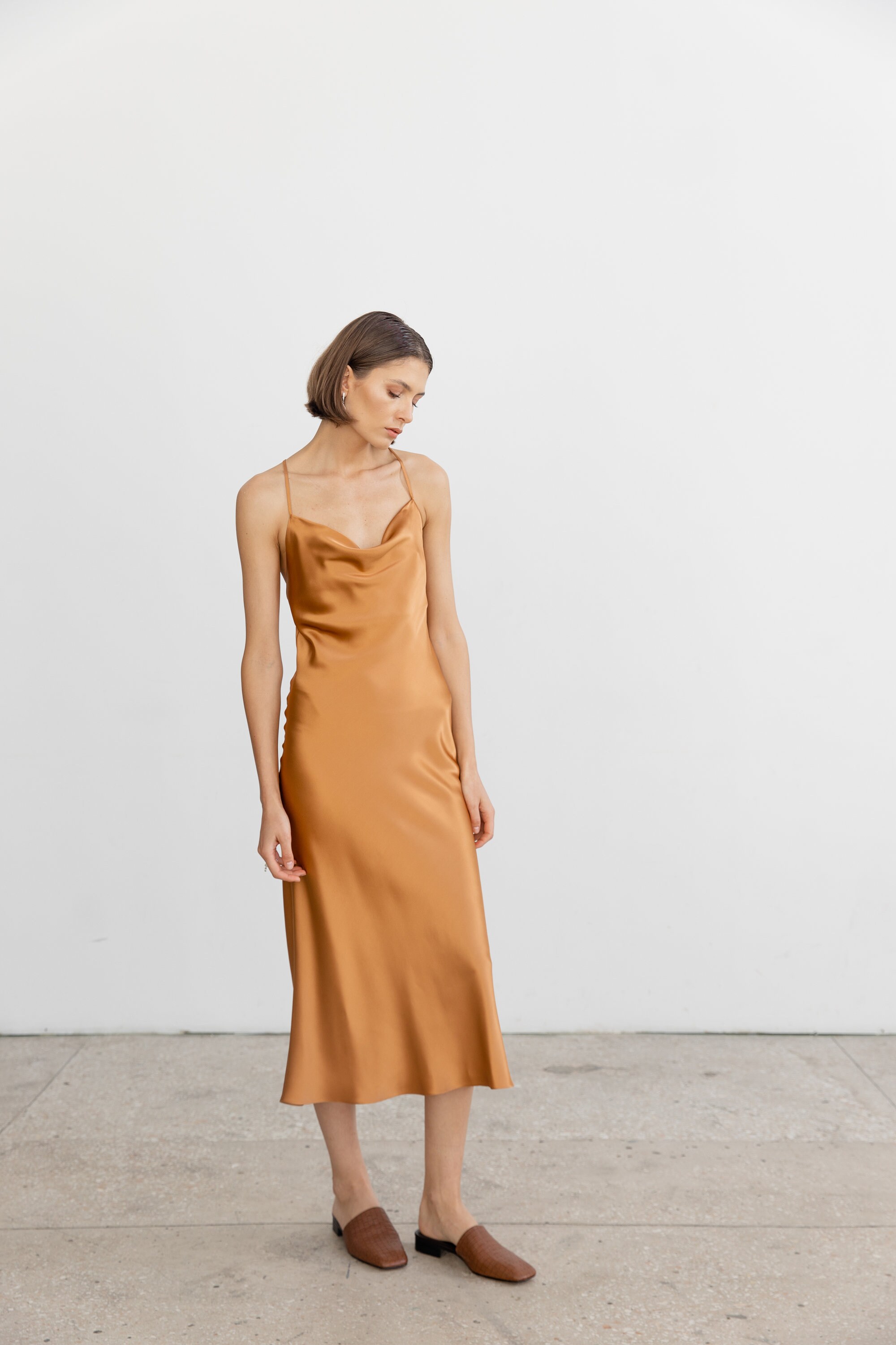 Silk Dress Caramel Cowl Neck Silk Slip 