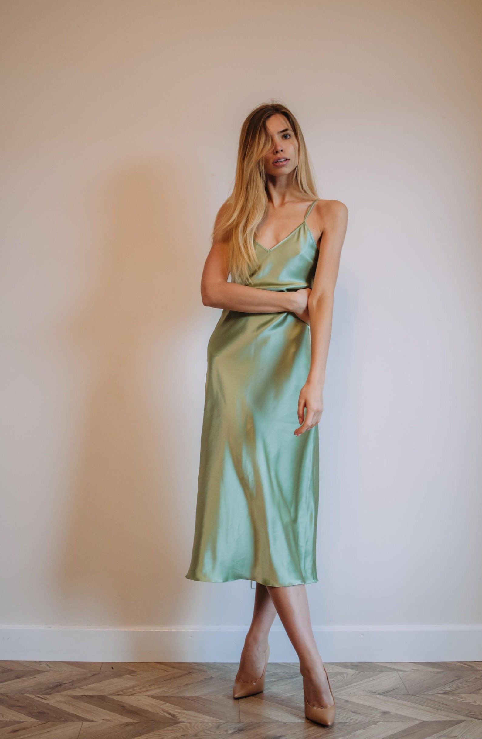 Silk slip dress midi bias cut Silk bridesmaid dress Sage green Etsy