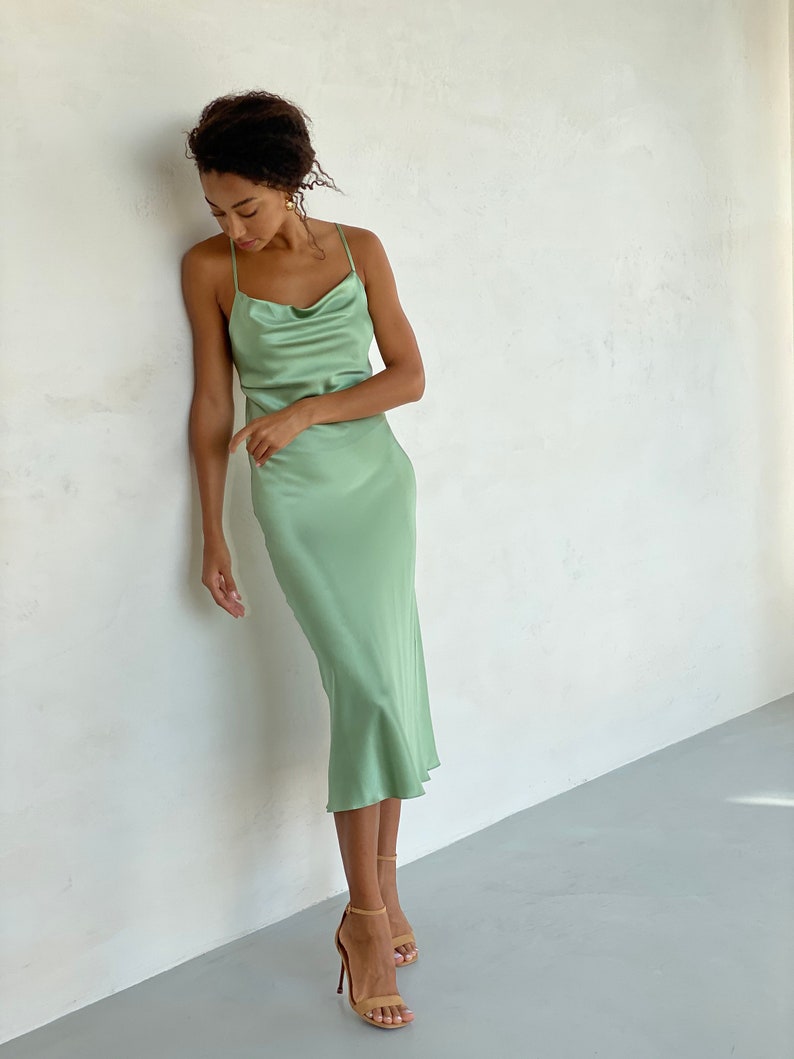 Sage silk slip dress midi bias cut cowl neck Silk bridesmaid | Etsy