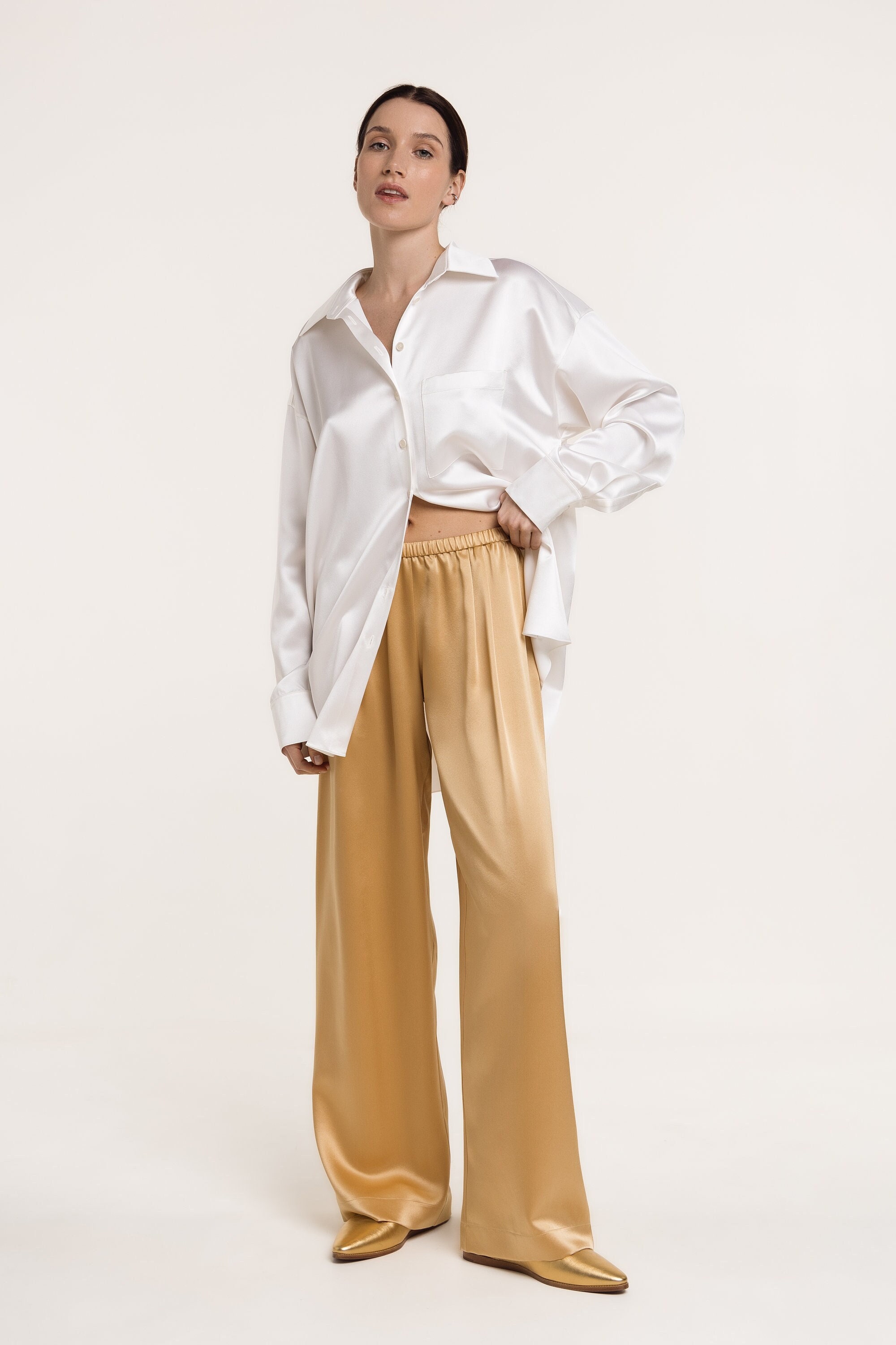 Buy Long Silk Pants Gold Silk Satin Pants Champagne Highwaisted Online in  India  Etsy