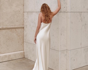 White 100% silk bridal dress Classic long satin gown Minimal modern simple silk reception maxi dress Cream bias cut wedding slip dress