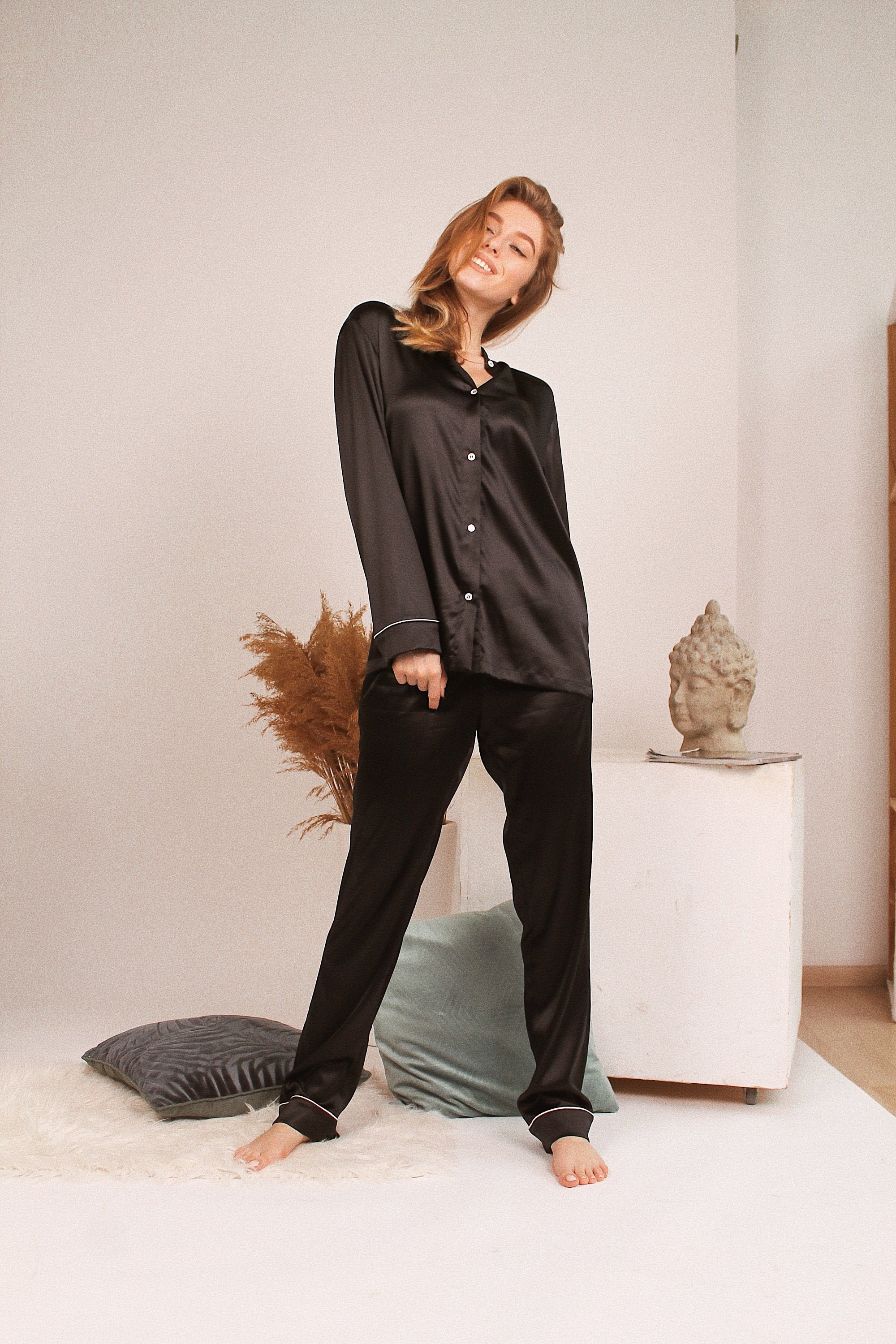 Black silk pajama set for woman Stretch silk long pajamas Silk Etsy