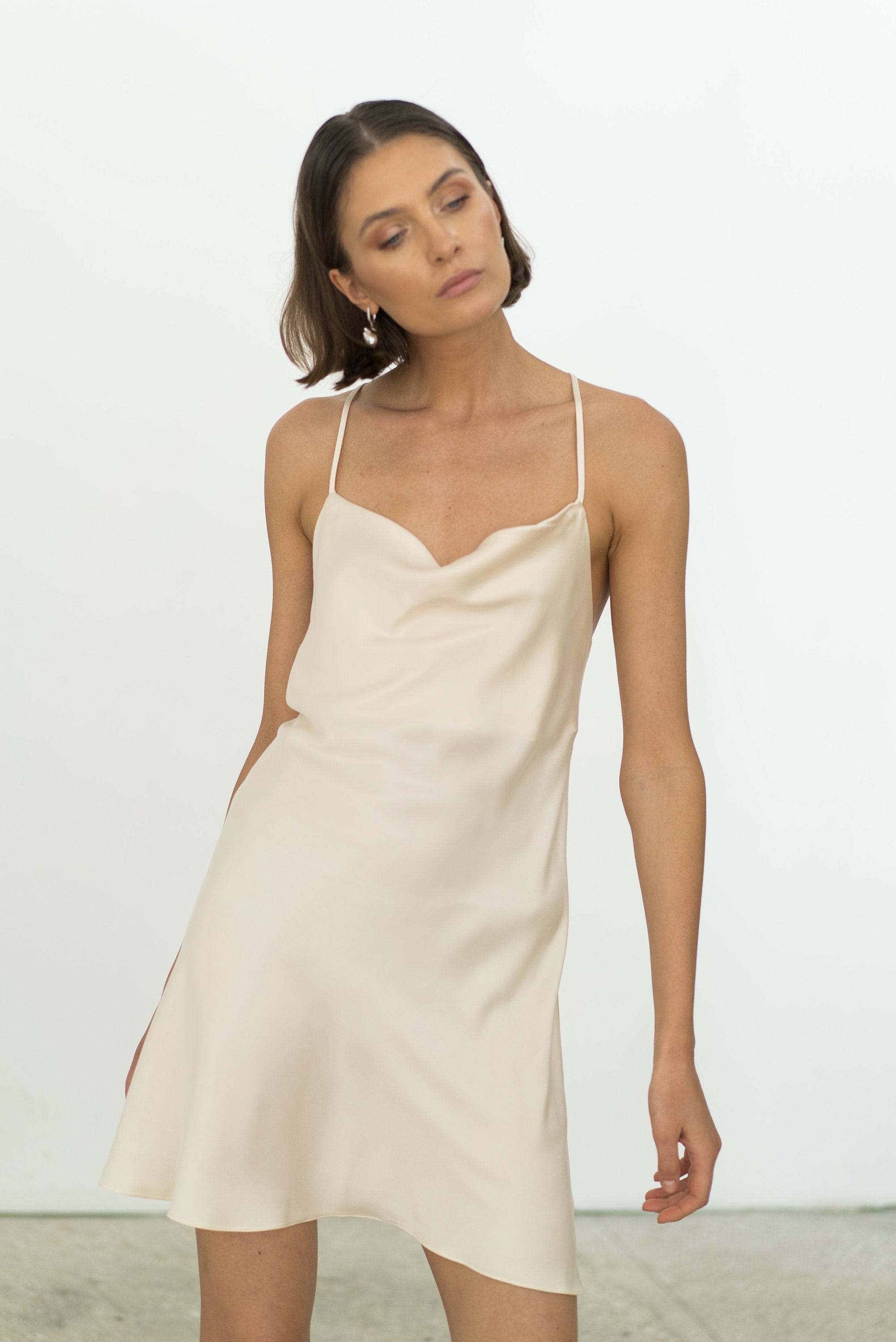 Creamy White Silk Slip Dress Mini 