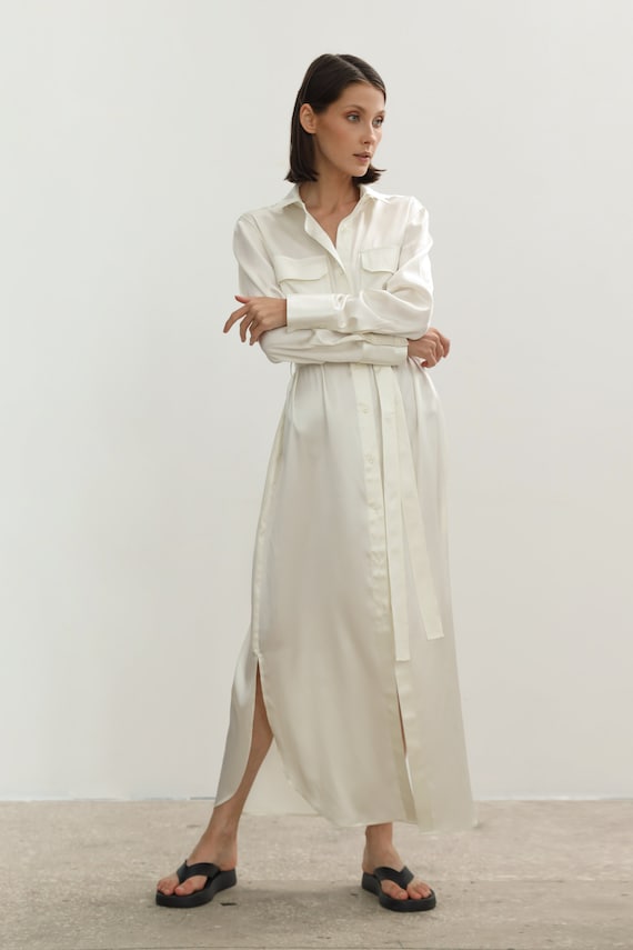 100% Silk Satin Maxi Shirt Dress Christening Dress Silk Dress