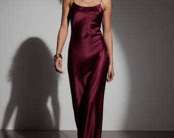 Plum bias cut maxi silk dress | 100% mulberry silk satin