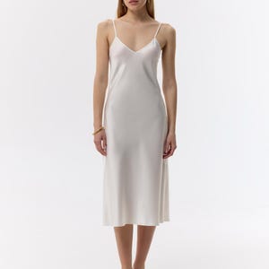 White bias cut silk slip midi dress with V-neck and adjustable straps - 100% mulberry silk satin