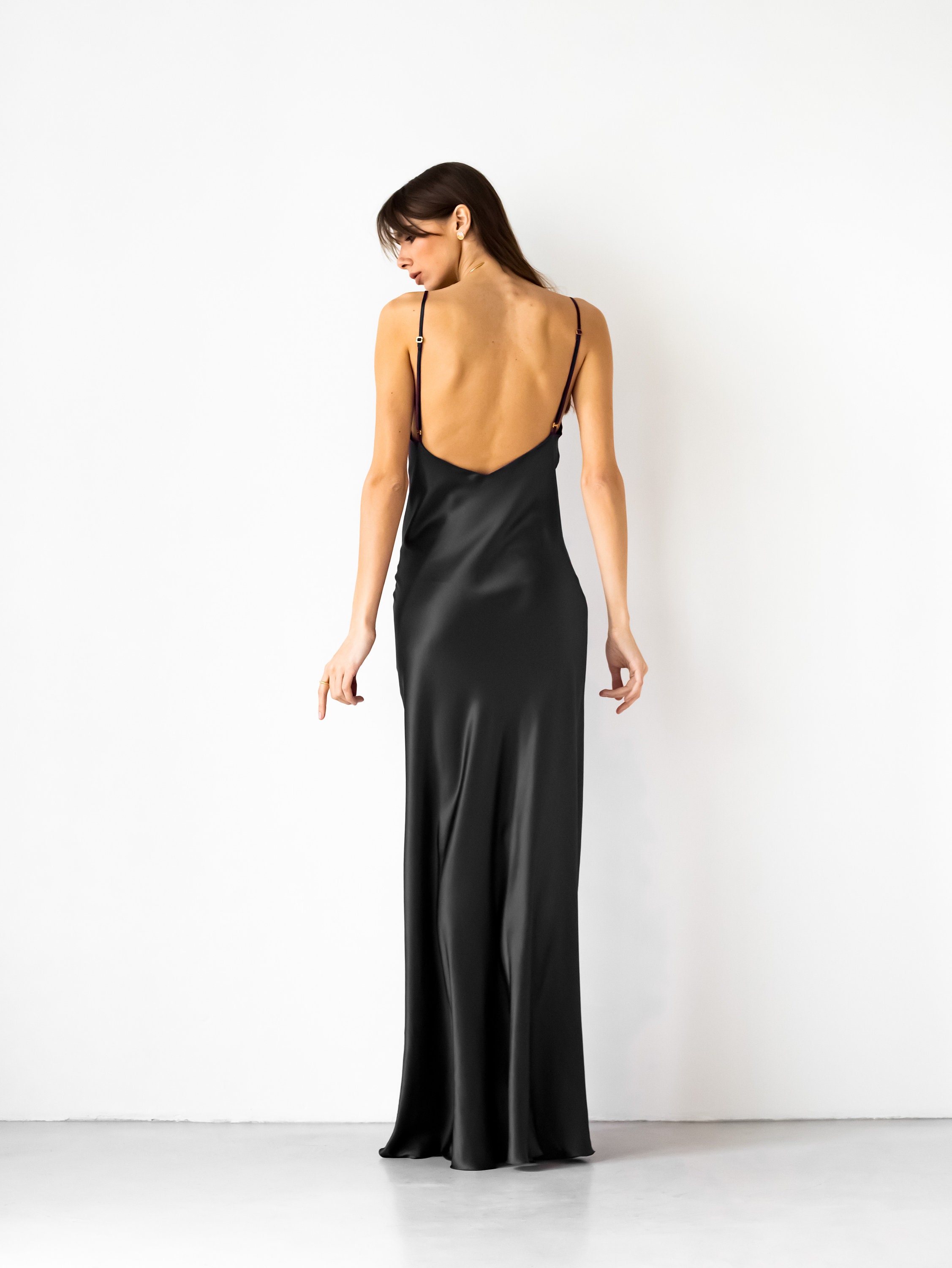 Natural Silk Slip Dress Black Maxi 100% Silk Cami Dress Black Silk