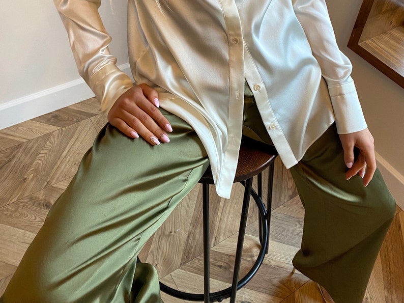 Army green silk pants Highwaisted khaki silk trousers long Etsy