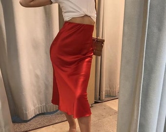 Red silk satin midi skirt Silk slip skirt bias cut Silk midi slip Silk clothing Silk basics Serenity silk skirt 90s outfit Summer dressing