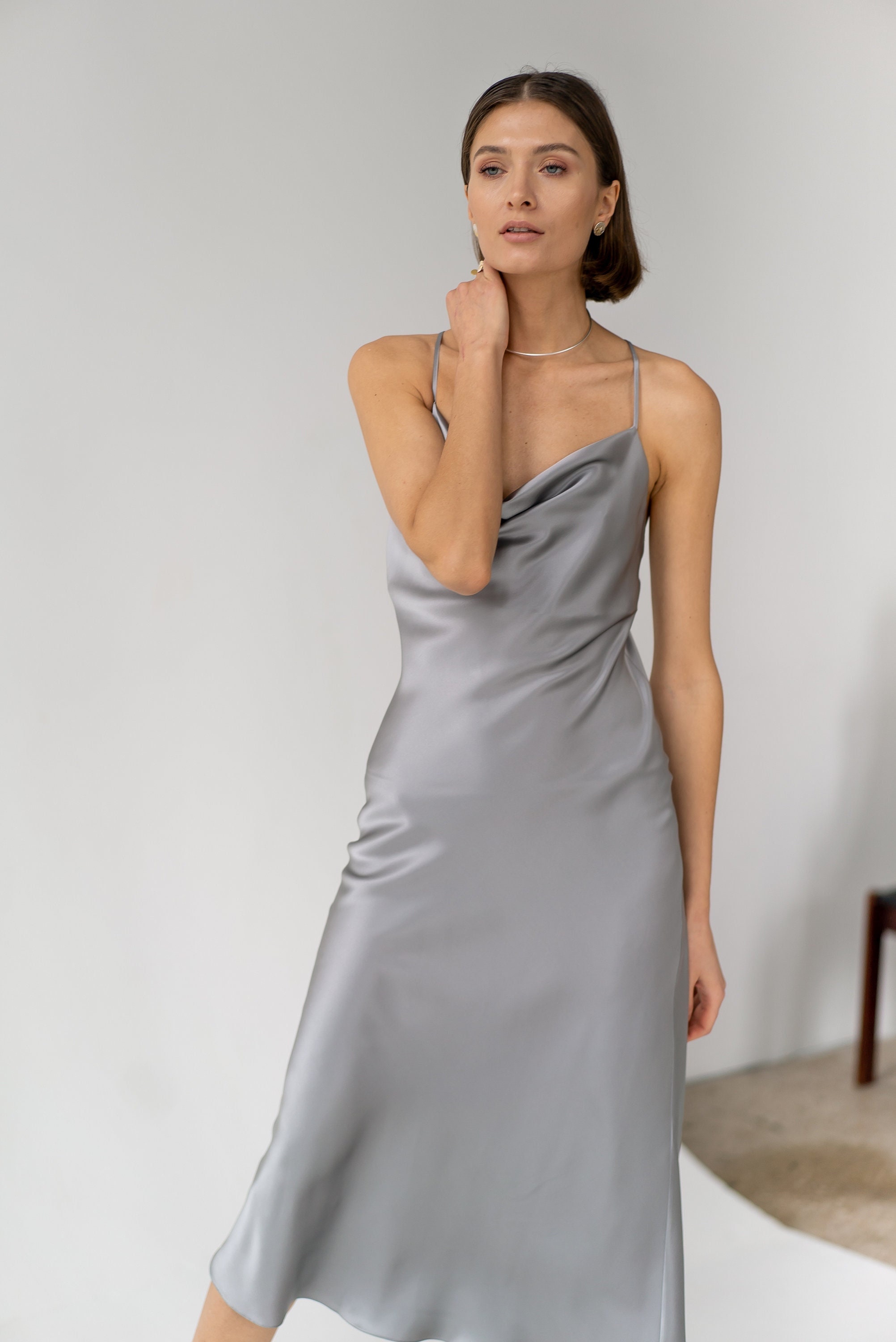 100% Silk Cowl Neck Silk Slip Dress Midi in Gray Bias Cut - Etsy Denmark
