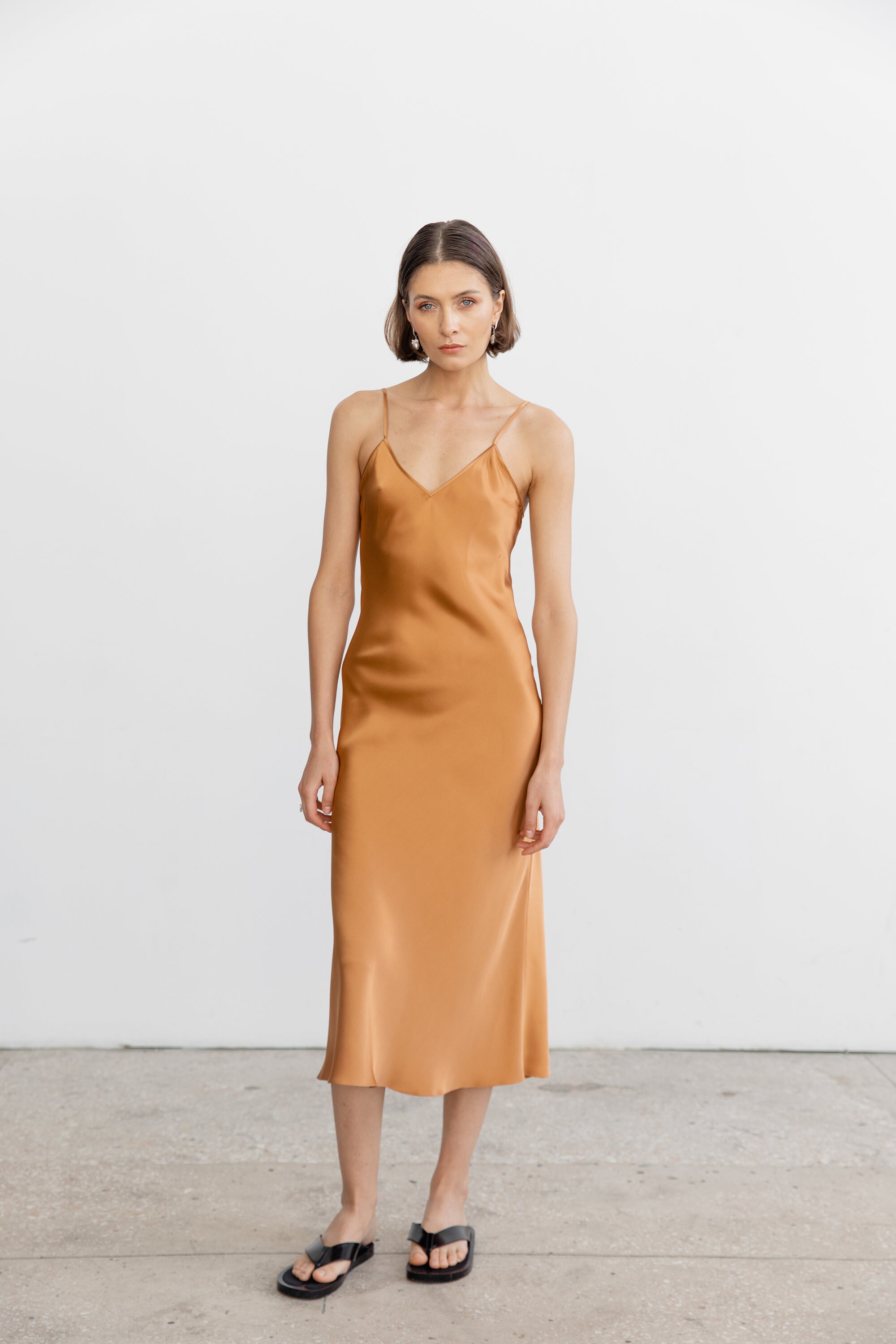 Caramel silk slip dress midi bias cut Vneck Silk bridesmaid Etsy