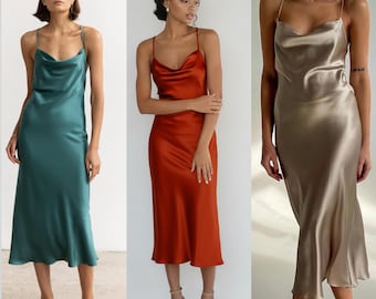 Vestido midi lencero de seda Mulberry con cuello drapeado en varios colores - Venta final