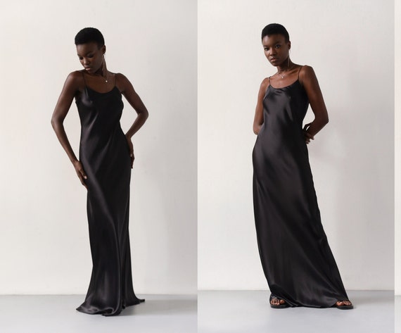 Luxurious Pure Silk Satin Gown Black Silk Dress Maxi Scoop - Etsy