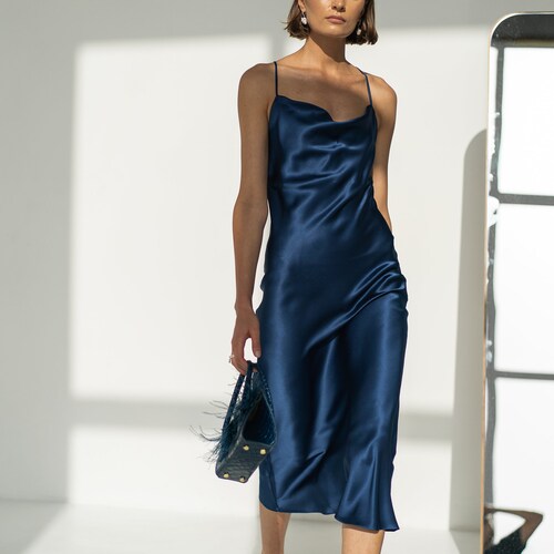 Royal Blue Silk Slip Dress Midi Blue Silk Cowl Neck Dress Silk - Etsy