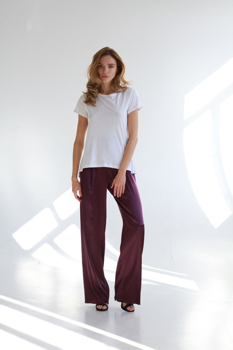 Plum silk satin trousers High-waisted khaki silk pants Long palazzo pants Wide-leg pants