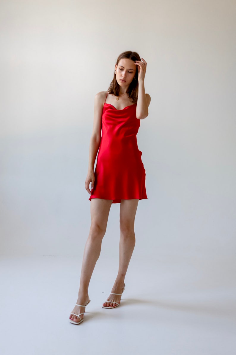 red silk slip dress short