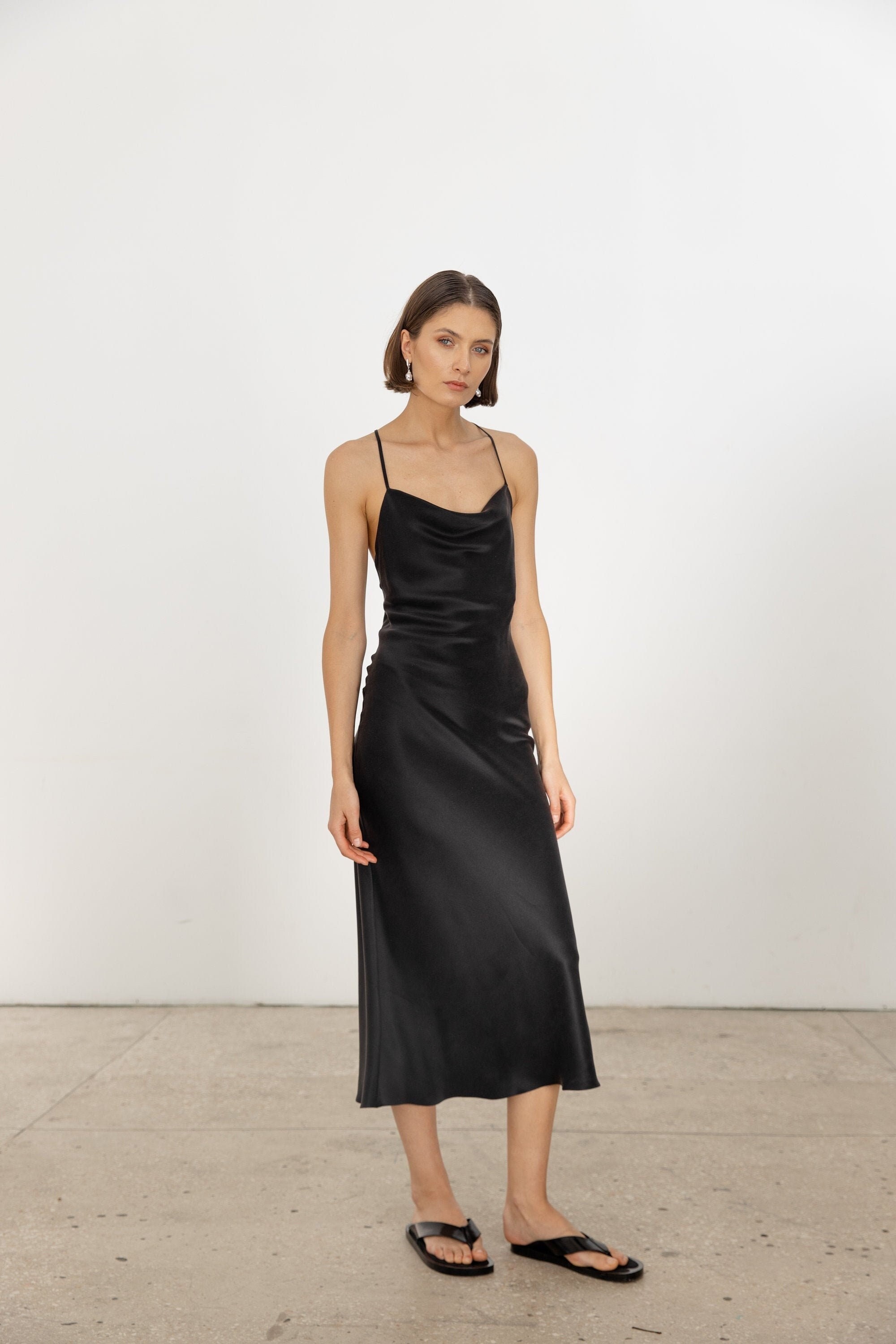Black silk spaghetti strap dress hotsell