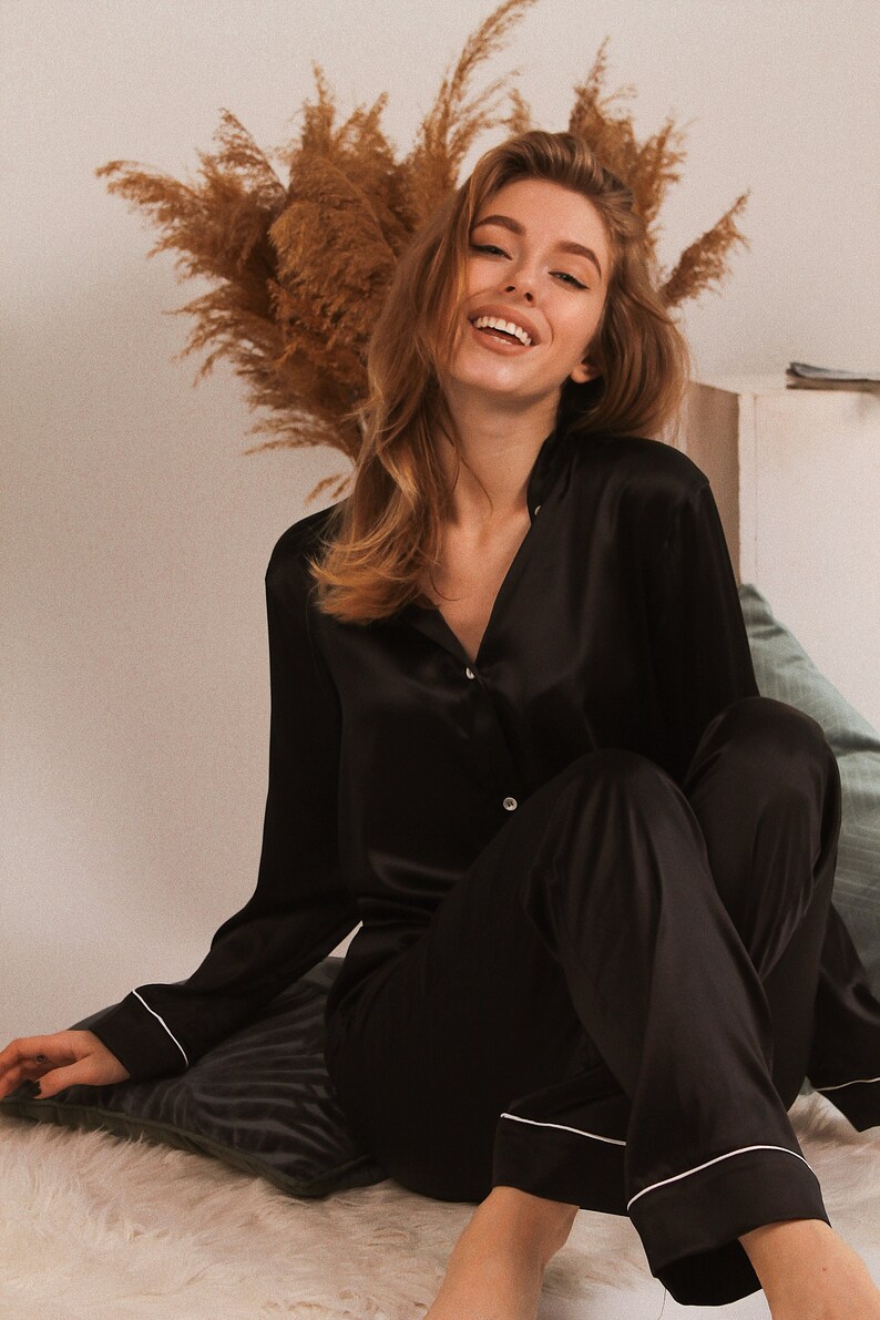 Black silk pajama set for woman Stretch silk long pajamas Silk Etsy