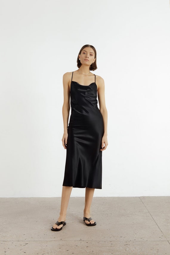 Black Silk Slip Dress Black Midi 100% Silk Charmeuse Cami - Etsy