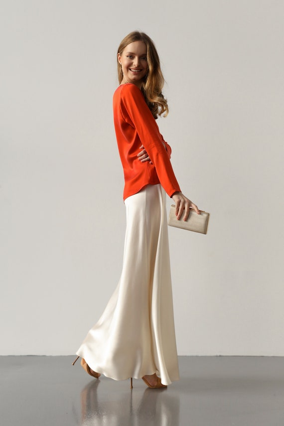 Creamy Silk Slip Skirt Maxi 100% Silk Skirt Creamy White Long Silk