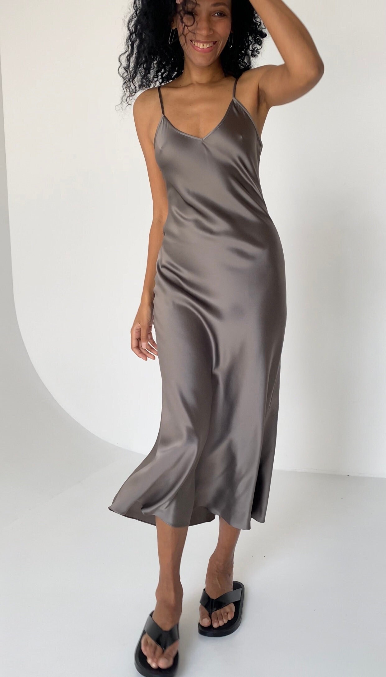 100% Silk Slip Dress Midi in Dark Grey 