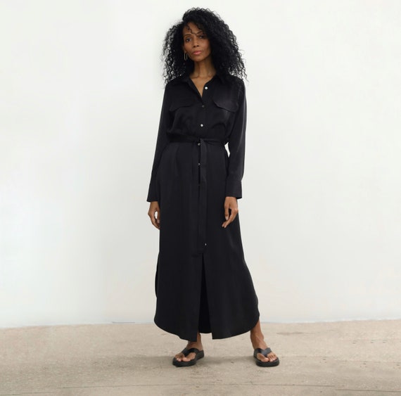 100% Silk Maxi Shirt Dress Silk Dress 