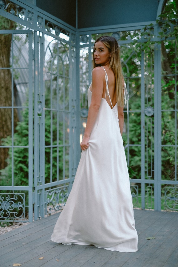 Bias Cut 100% Silk Dress Floor Length Open Back Bridal Gown White Silk Slip  Dress Maxi Ivory Wedding Dress Bride Dress White Silk Dress 