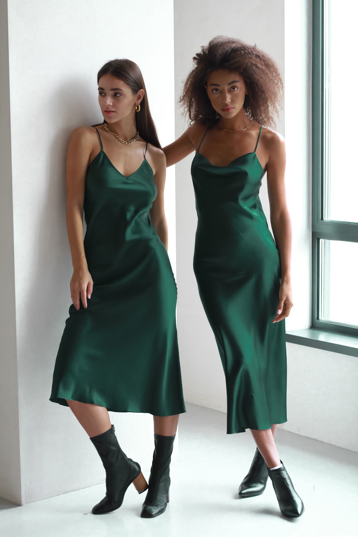 green slip silk dress