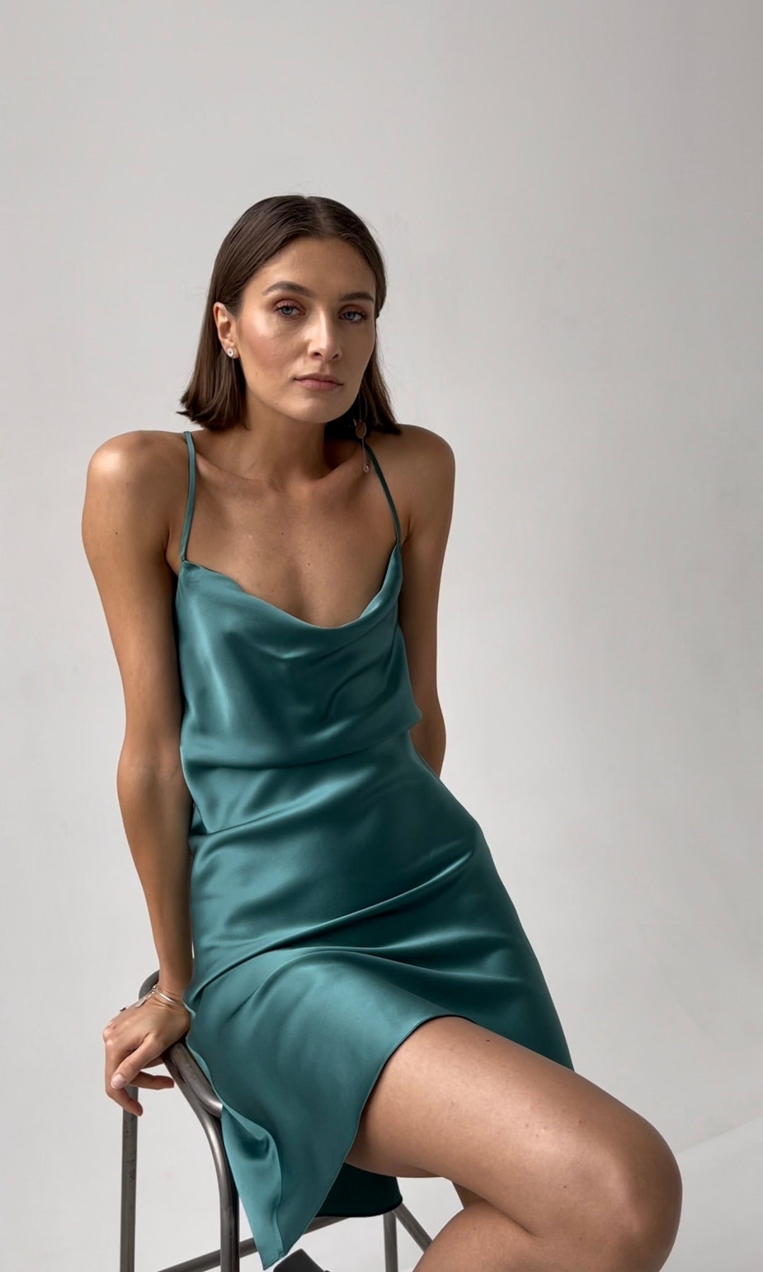 Teal Green Silk Dress Bluegreen Silk Mini Dress With Cowl Etsy