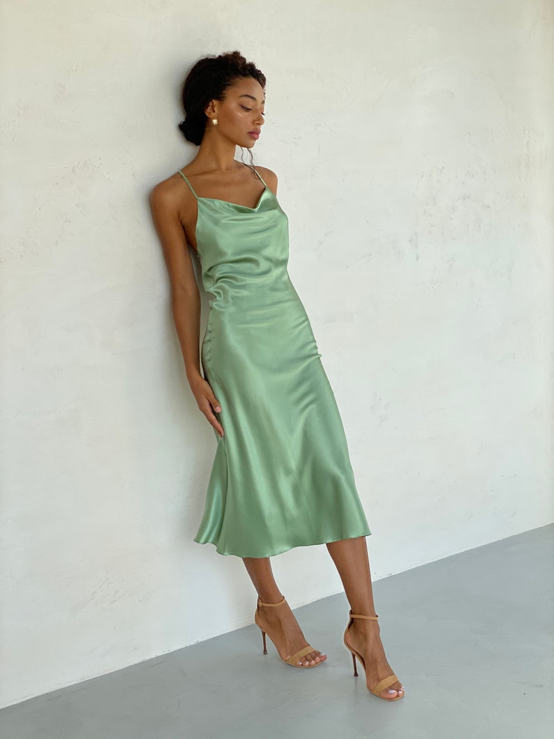 Silk slip dress midi bias cut Silk bridesmaid dress Sage green | Etsy