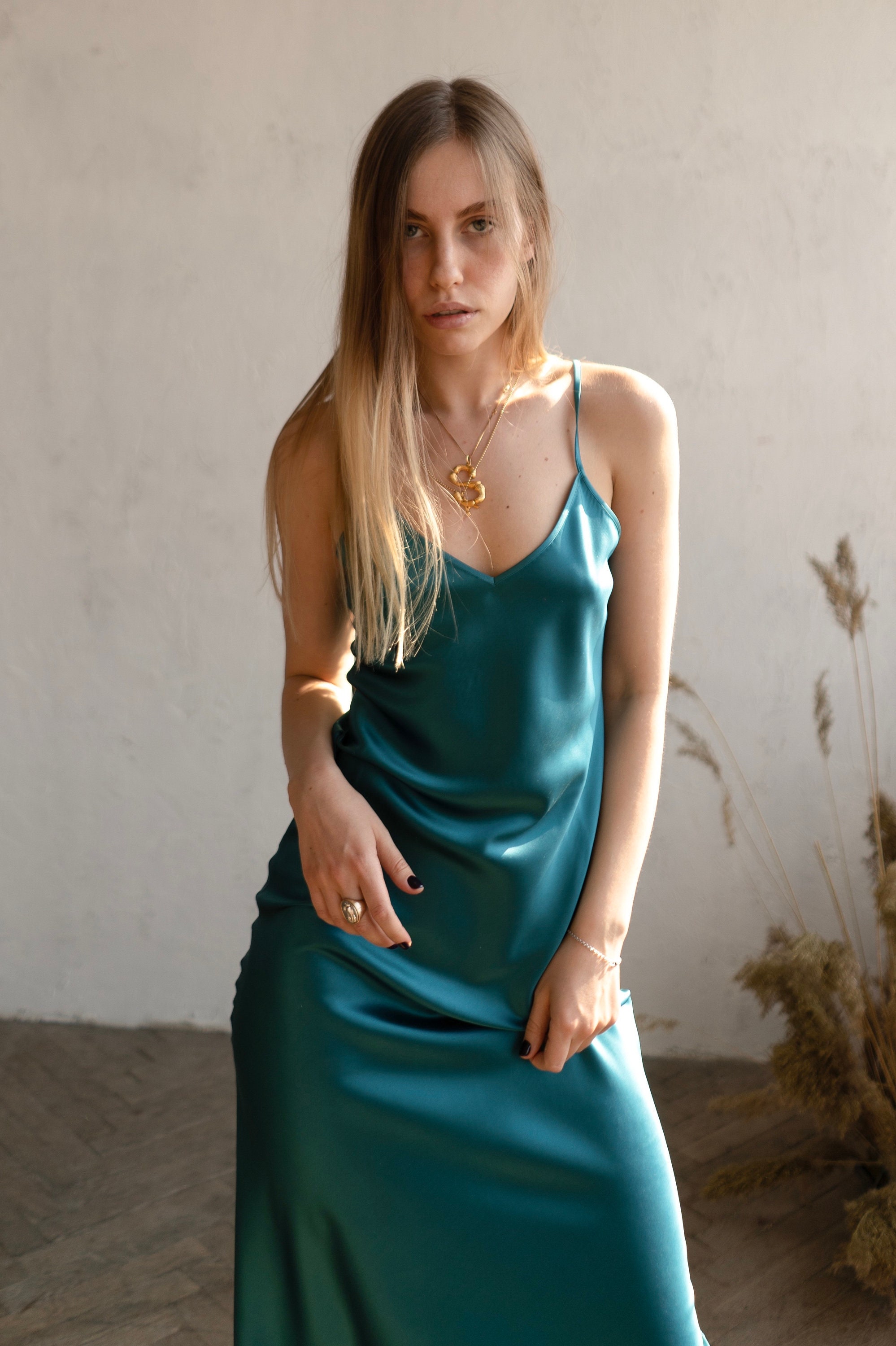 Blue-green Bias Silk Slip Dress Stretch 