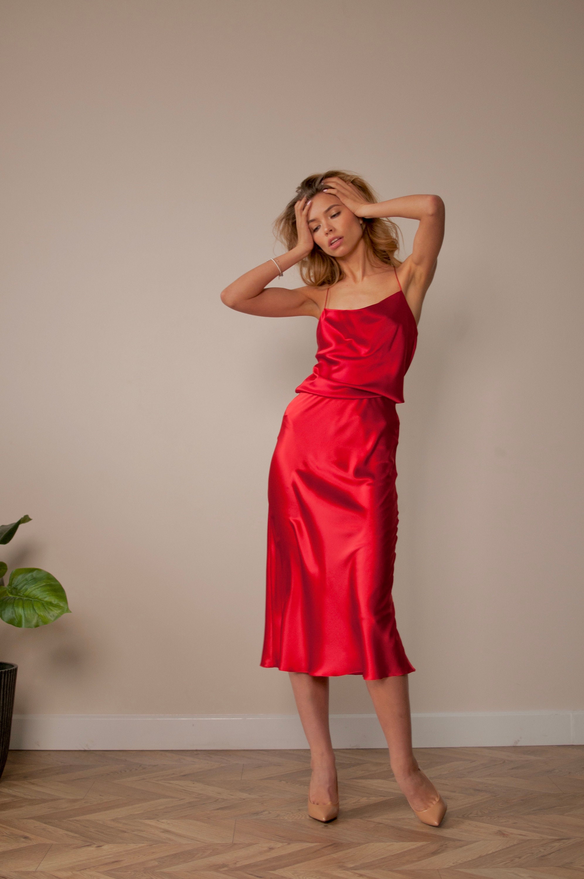 red silk skirt outfit