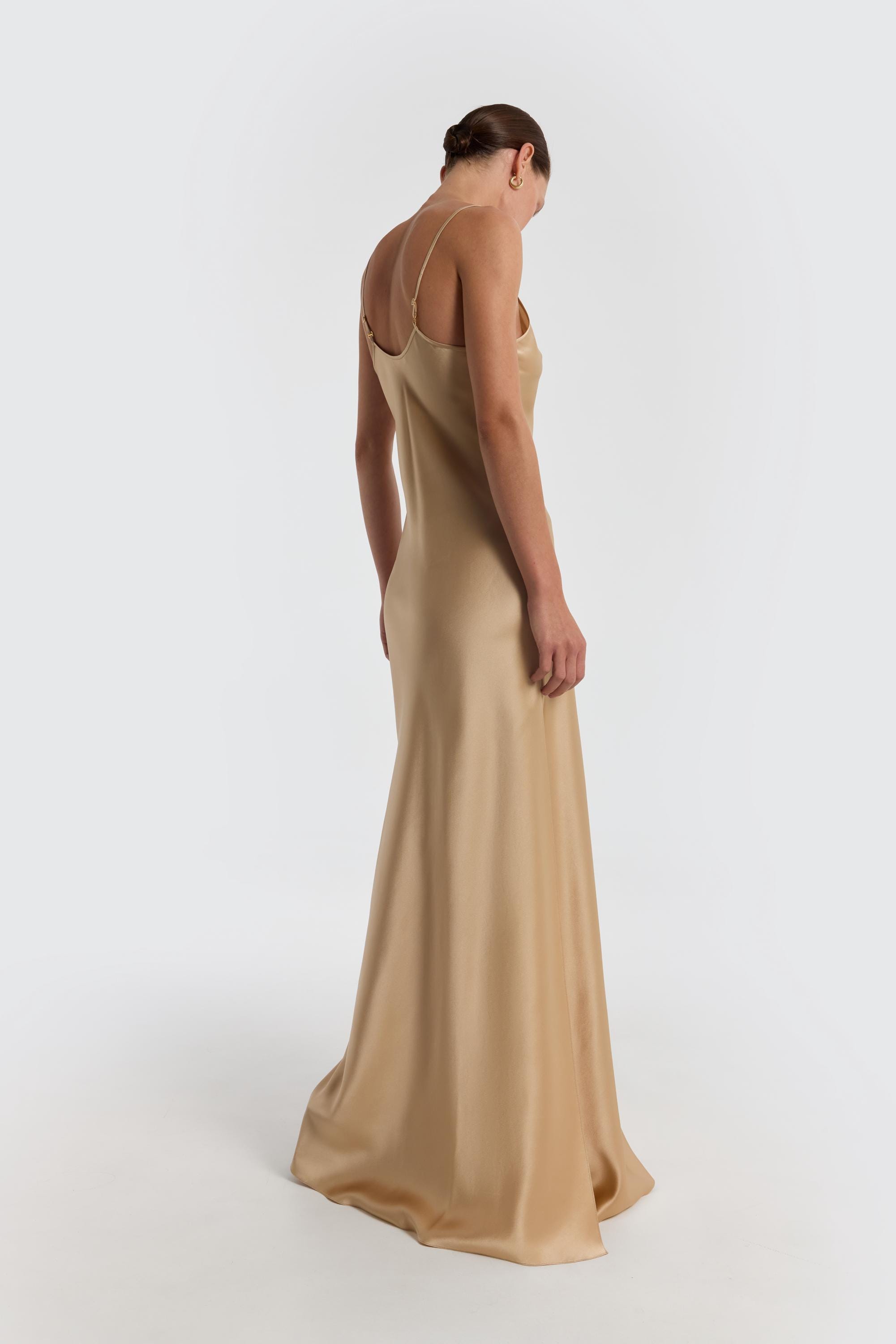 champagne slip dress maxi Champagne Silk Satin Dress, Gold Extra Full Length Slip Dress, Adjustable Spaghetti Straps,Silky Deep V Neck Bias Cut Dress