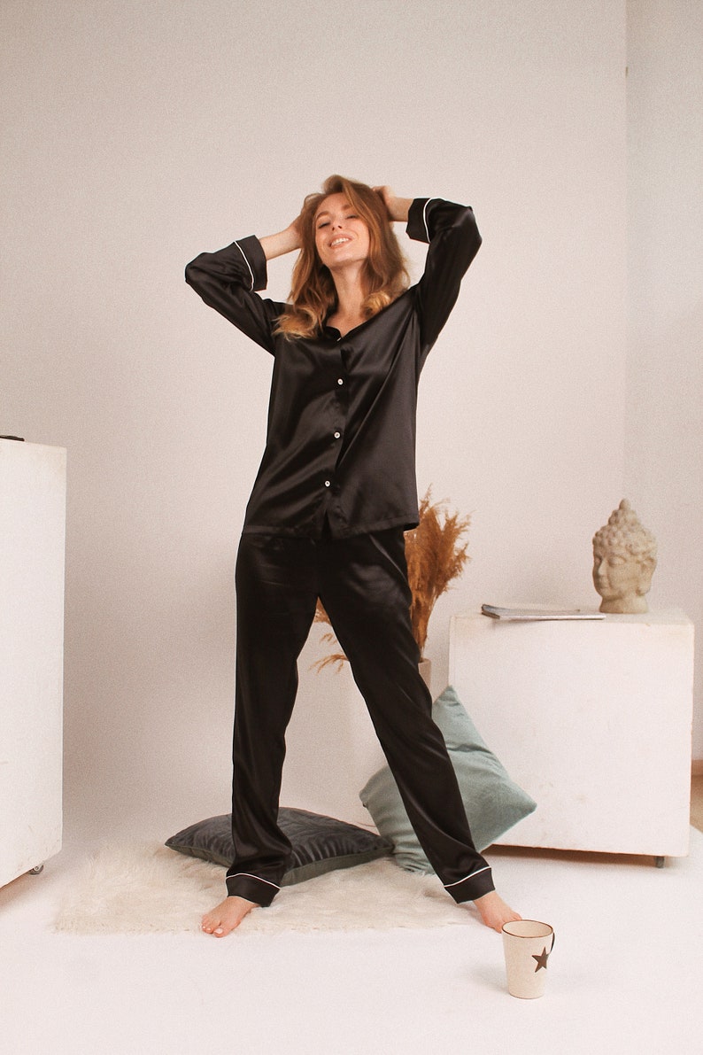 Black silk pajama set for woman Stretch silk long pajamas Silk Etsy