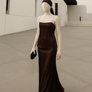 Brown silk slip skirt maxi 100% silk skirt Dark long silk satin skirt Silk bias cut slip skirt Silk clothing Silk basics Alyssa