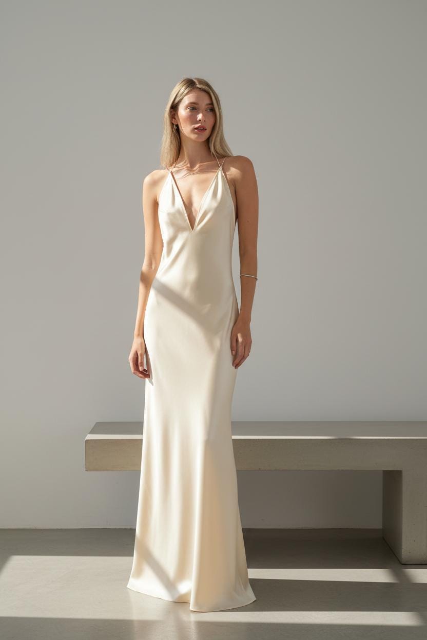 sachin and babi light blue dress White Satin Gown - White Cowl Back Gown - Backless Satin Gown