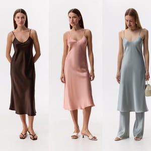 Vestido lencero de satén de seda con corte al bies y escote en V - 100 % charmeuse de seda morera - Varios colores