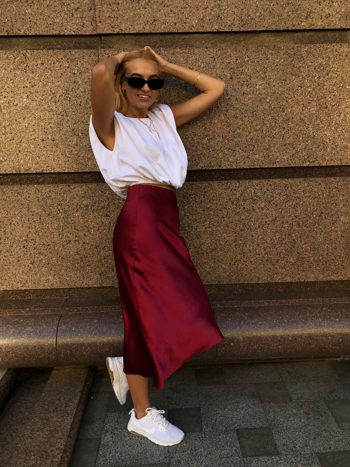 Wine Silk Slip Skirt Midi Burgundy Skirt Satin Bias Cut 100 Etsy