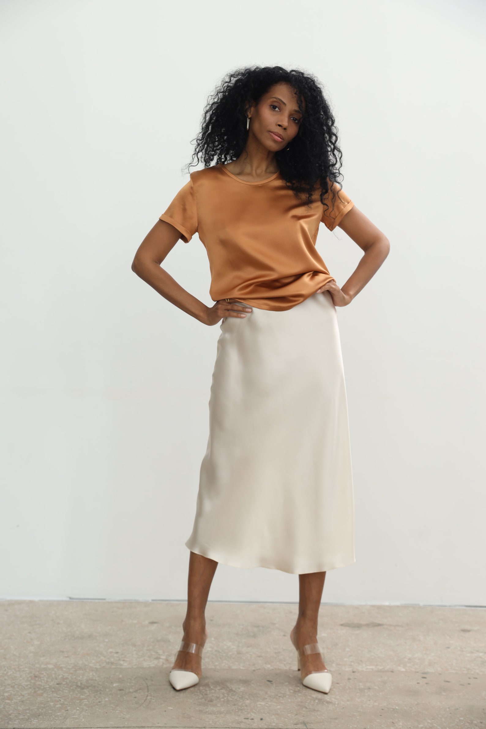 100 silk slip skirt midi Cream silk satin skirt Silk slip Etsy