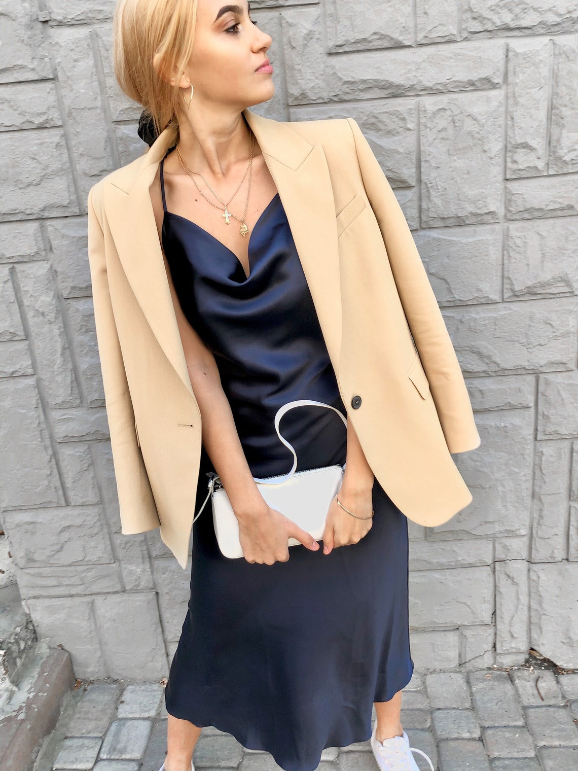 Navy silk slip dress midi Dark blue slip dress Silk slip dress Etsy