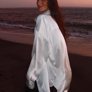 Lavish white 100% silk button up long sleeve silk shirt for women Oversized satin blouse Relaxed boyfriend fit top